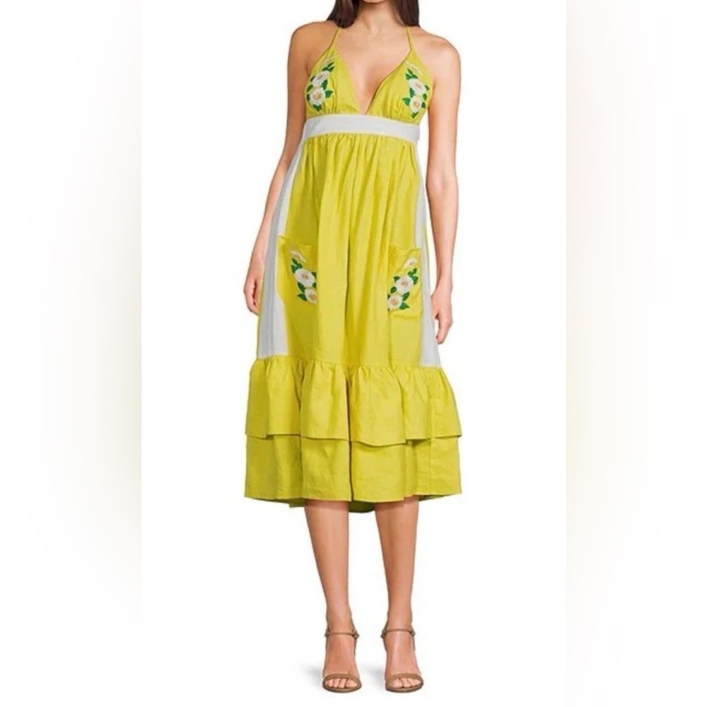 Fanm Mon Yamile 100% Linen Floral Embroidered Halter Midi Dress Mustard Lime NWT